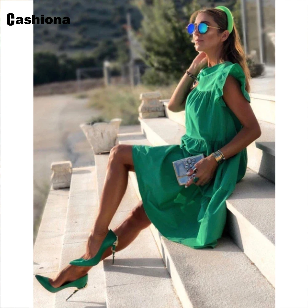 

Plus size Women Elegant Knee-Length Dress 2021 Ruffled Sleeve Summer Beach Dress Bohemian Loose Dresses Sexy Femme Clothing