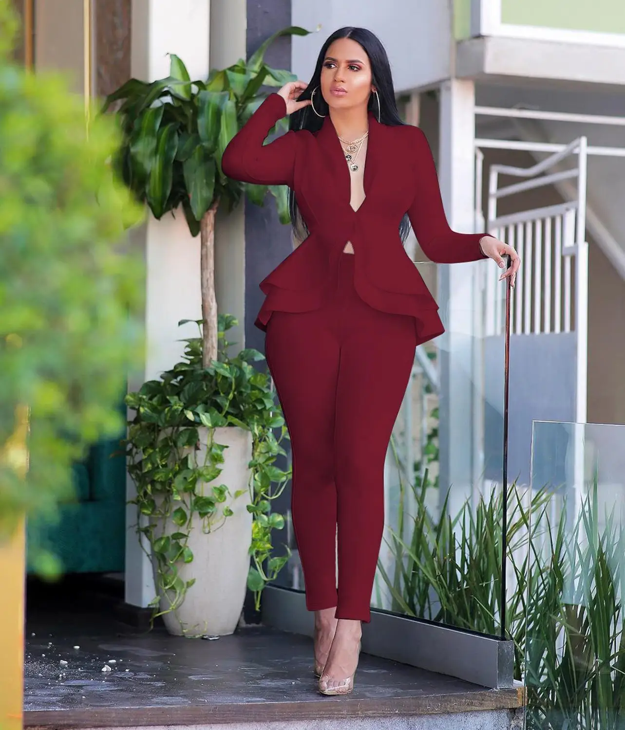 

New Women Winter Women's Set Tracksuit Full Sleeve Ruffles Blazers Pencil Pants Suit Two Piece Set Office Lady Outfits Uniform