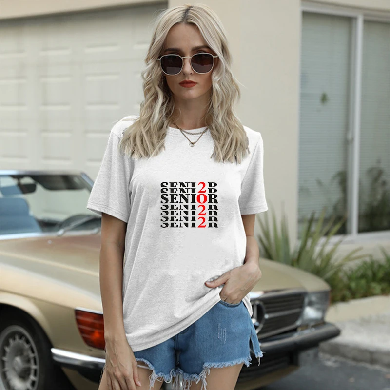 

Casual Simple T-shirt Women Fashion Retro Short-sleeved Letter Printing Round Neck Top Loose White Tshirt