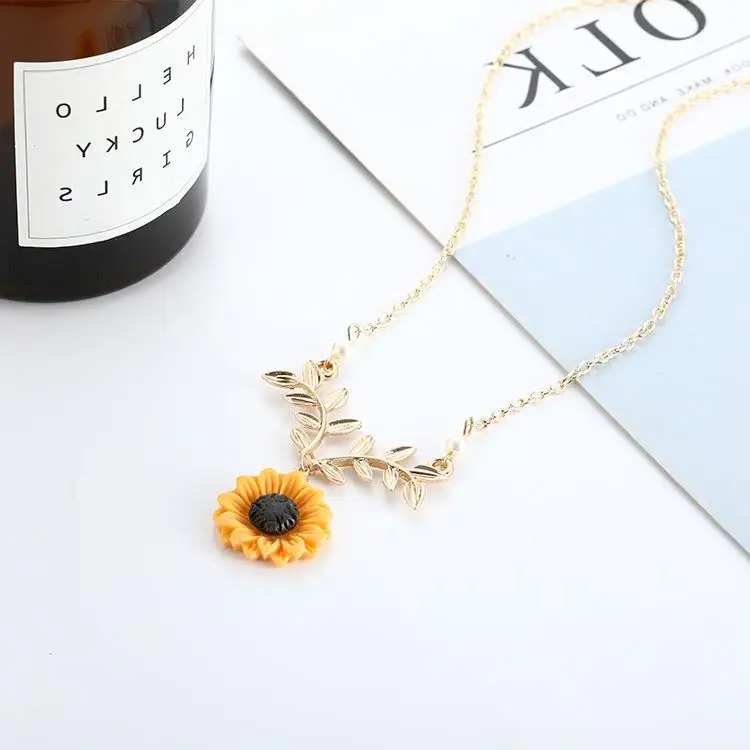 Розовое золото Подсолнух ветка с листьями ожерелье Женские ювелирные аксессуары