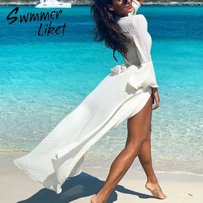 Купальник с глубоким v образным вырезом белое пляжное платье женский купальник