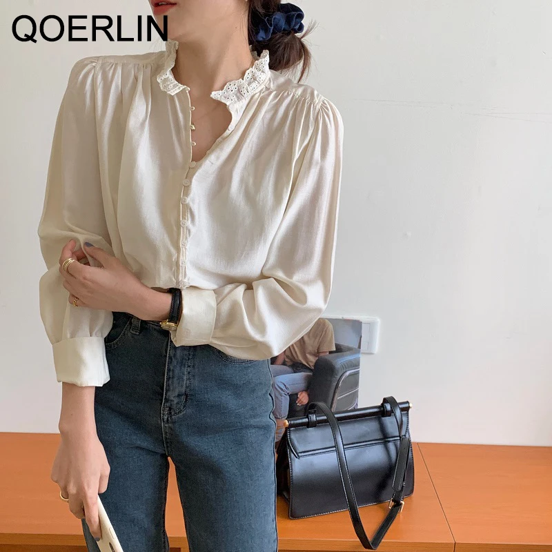 

QOERLIN French Sweet Lace Stand Collar Single-Breasted Loose Long Sleeve Shirt Women Elegant Shirts High Street Solid Button Top