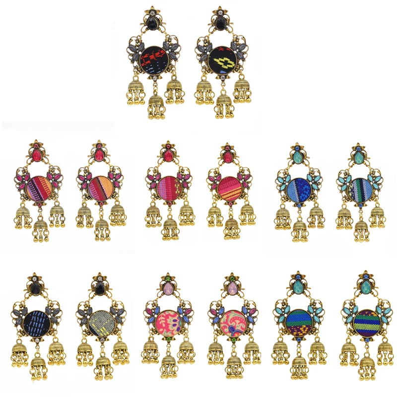 

Bohemian Ethnic Style Retro Golden Earrings Female Alloy Bell Pendant Earrings Colorful Rhinestone Earrings.