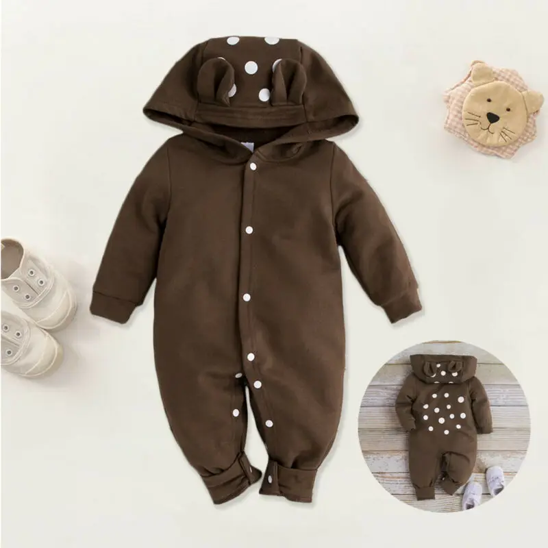 

Newborn Kids Boys Girls Rompers Hooded Button Jumpsuit Autumn Winter Playsuit