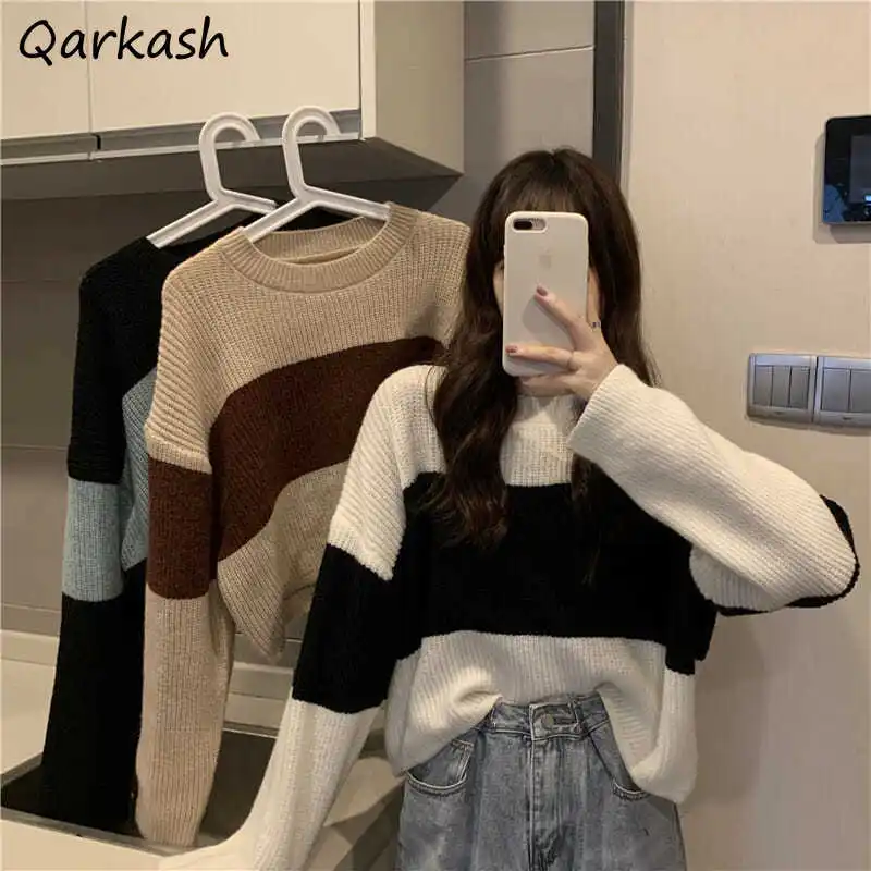 

Crop Pullovers Women Harajuku O-Neck Simple Slim Preppy Sweaters Jumpers Elegant Stylish Knit Long Sleeve Spring Lazy Clothes BF