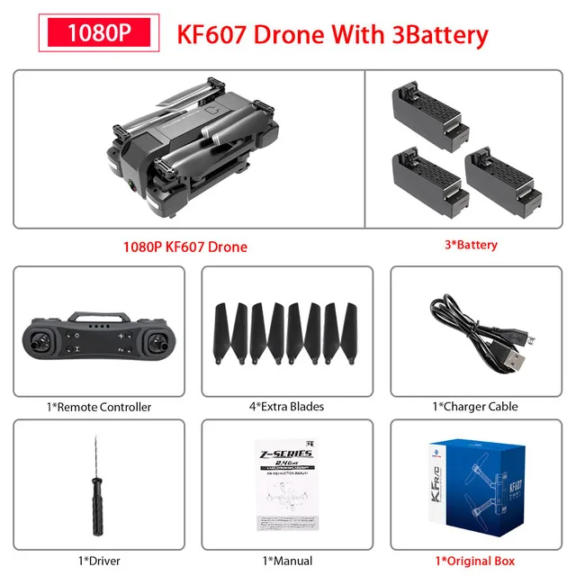 1080P 3 battery Дрон KF607 wifi FPV RC Drone 4K Камера Ультра HD Двойная камера Дрон Безголовый режим одно касание посадочный Квадрокоптер Дрон с камерой квадрокоптер с камерой вертолет квадракоптер аккумулятор квадрокоптер - Цвет: 1080P 3 battery