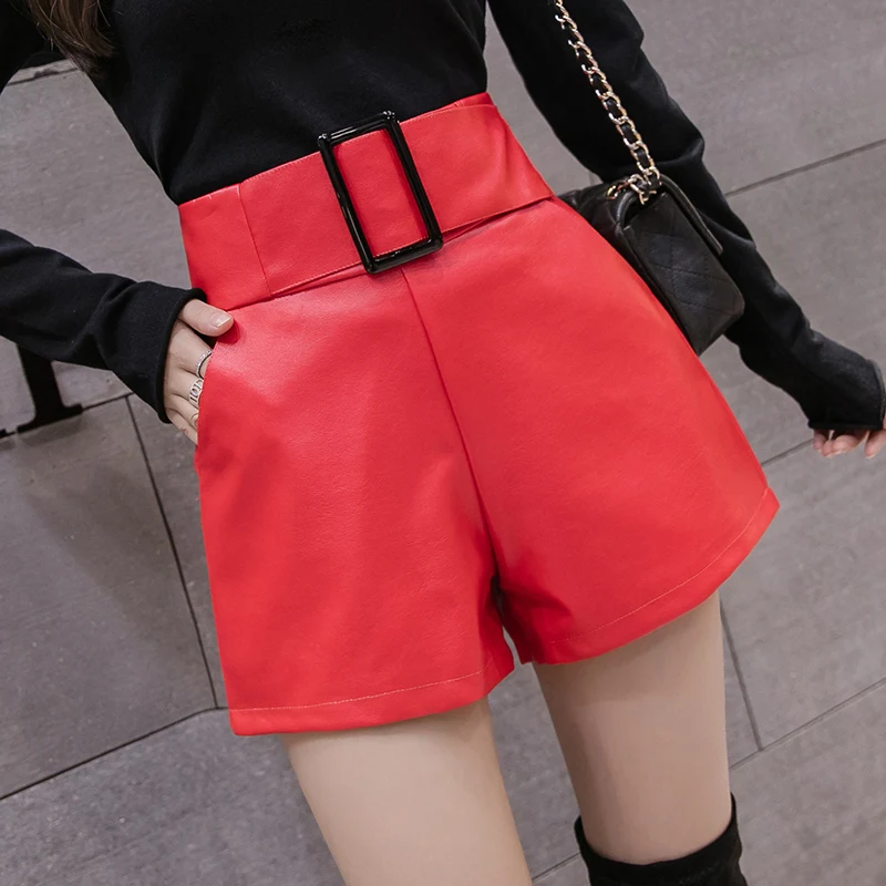 Высокая талия ПУ шорты из искусственной кожи женские уличная осень зима широкие