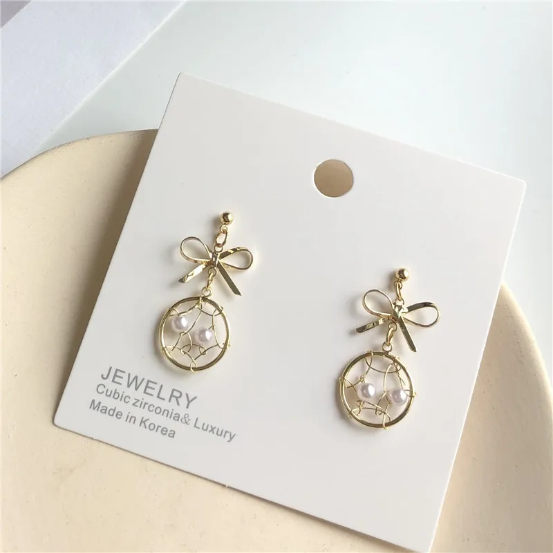 Классические полые металлические круглые серьги подвески с бантом и жемчугом в