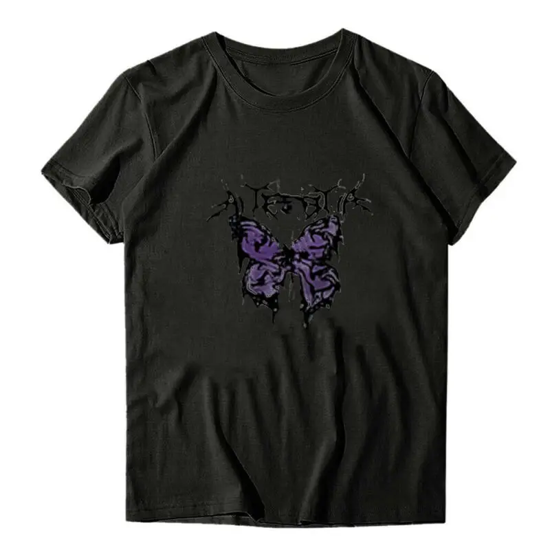 

Women Blue Butterfly Print T-Shirt Comfort Crew Neck Short Sleeve Tops Plus Size