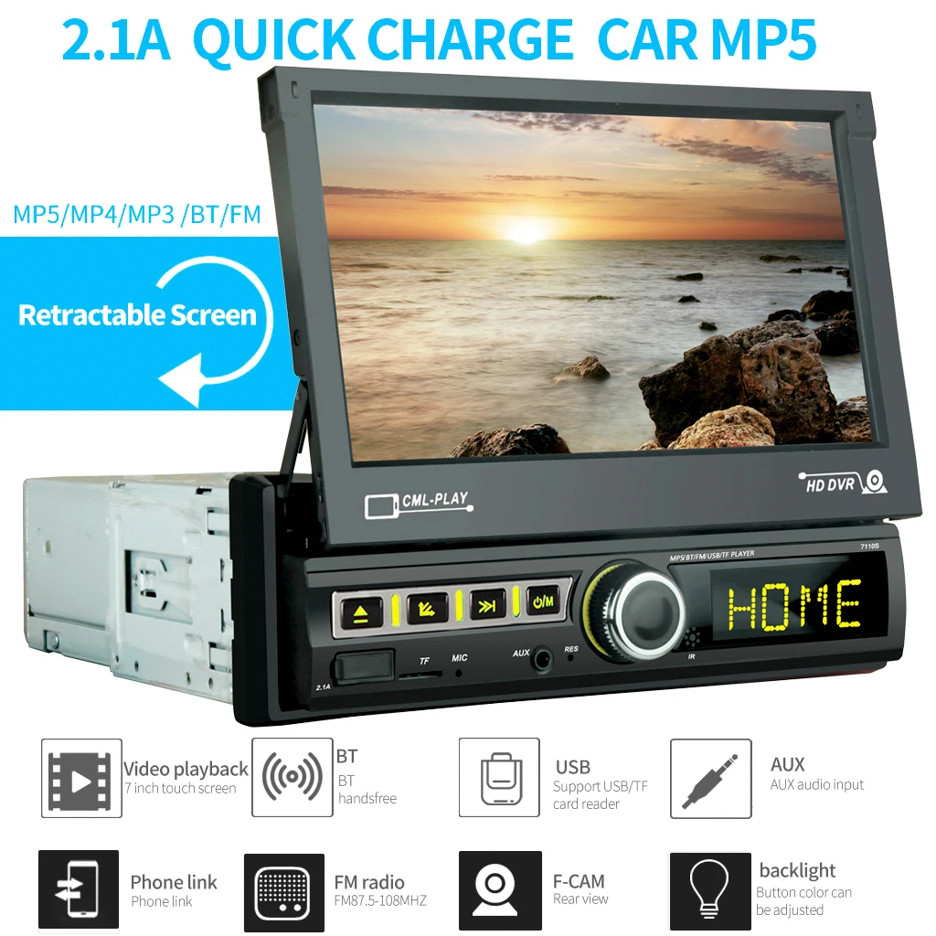 1 Din Car Radio Bluetooth Mirror link 1din  Multimedia Player Touch Screen Retractable MP5 USB Audio Stereo 7110S