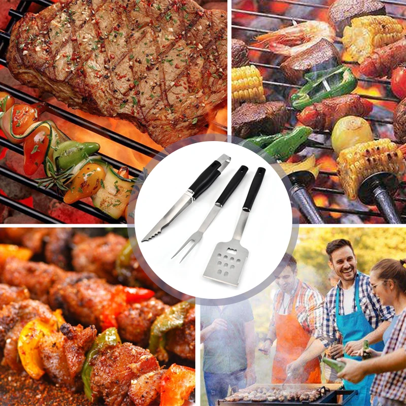 

3pcs BBQ Grill Stainless Steel Tool Set Accessories Grilling Kit Camping Kitchen Barbecue BBQ Spatula Fork Clip Utensil BBQ Tool