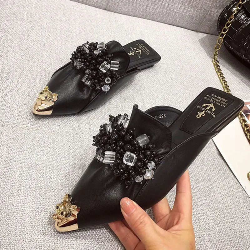 Women Mules Slippers Flat Heel Sandals Metal Pointed Toe Crystal String Bead Luxury Woman Ladies Outdoor Prom Slides | Обувь