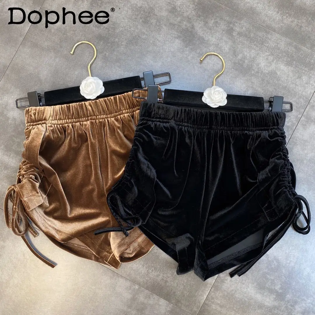 

Elastic Waist Side Drawstring Lace-up Black Shorts Women's High Waist Slimming Velvet Shorts 2021 Autumn and Winter Booty Shorts