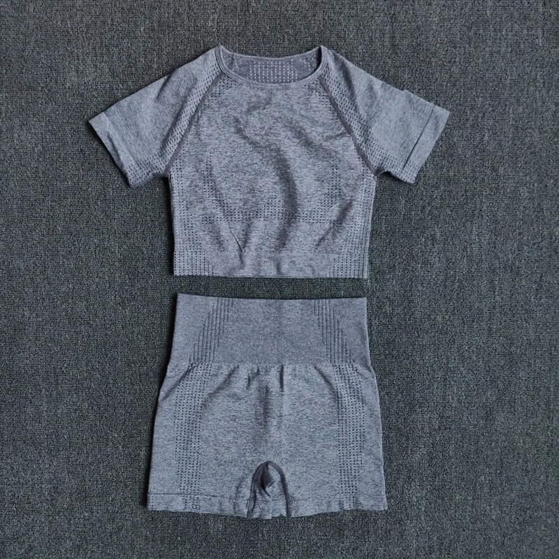 Бесшовный Женский комплект для йоги укороченный топ с коротким рукавом рубашка и