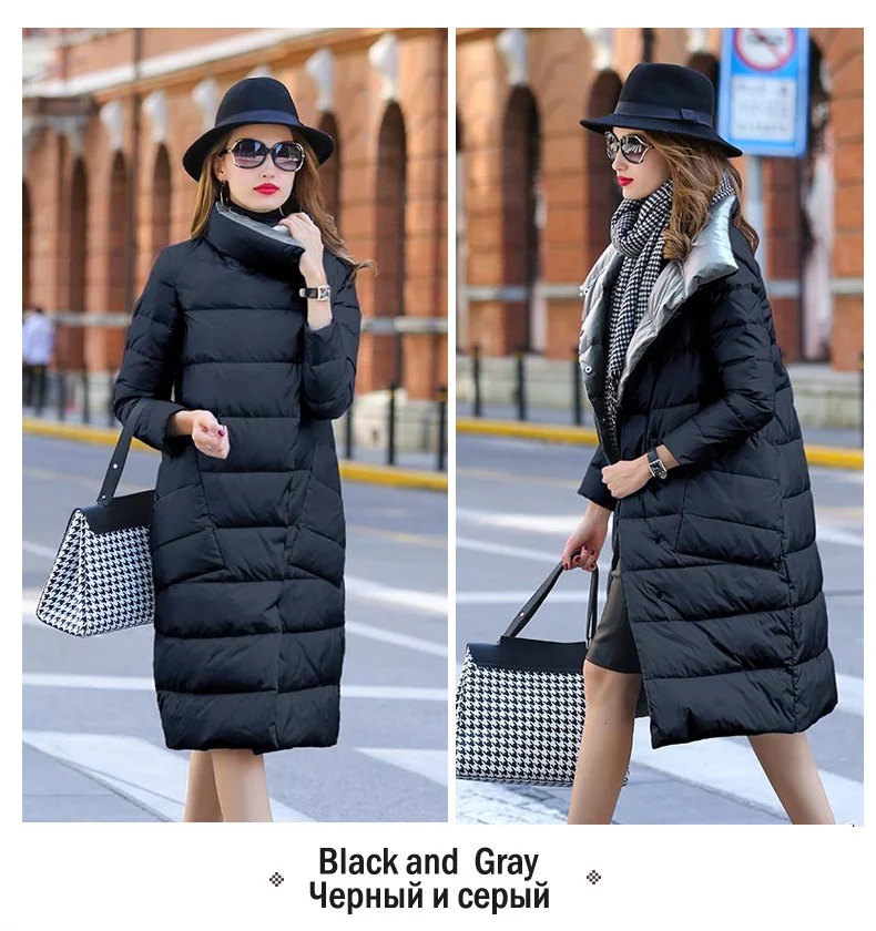 Double Sided Women's Down Jacket Long Winter Turtleneck White Duck Down Coat Female Double Breasted Plus size Warm Plaid Parkas