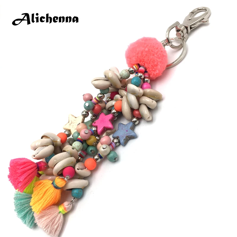 Hot Star Pendant Keychain Colour Pentagon Hair Ball Shell Tassel Fashion Exquisite Statement Boho Vintage Key Chain | Украшения и