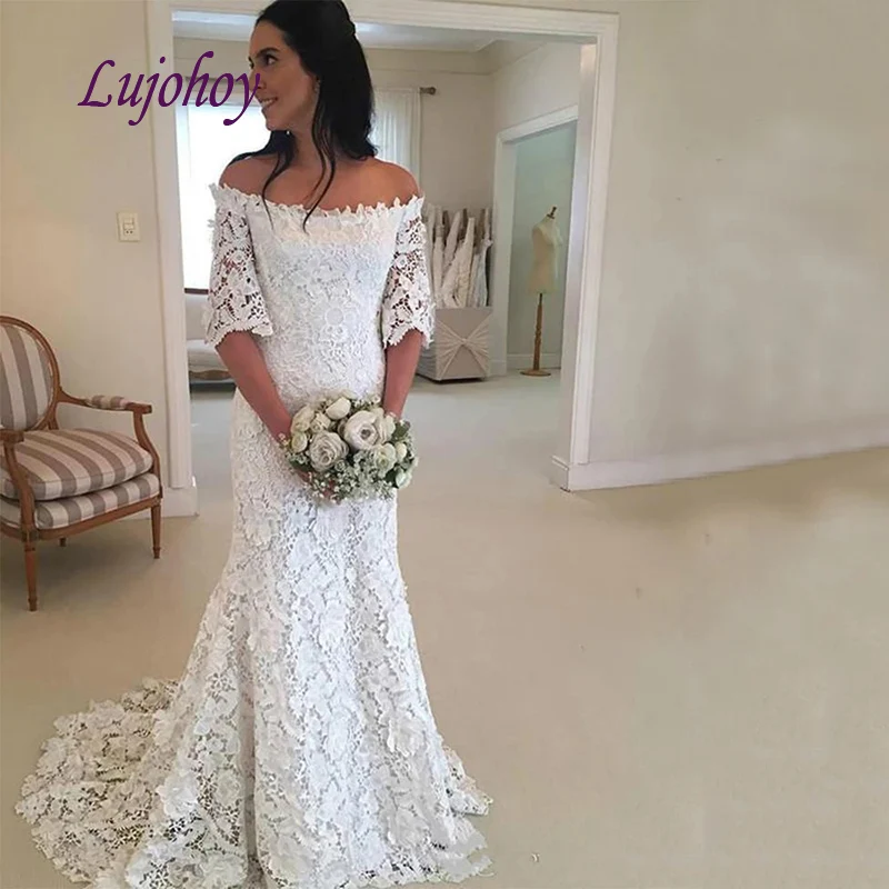 

Sexy Lace Mermaid Wedding Dresses Plus Size with Sleeves White Ivory Off Shoulder Women Girl African Princess Bridal Bride Gown