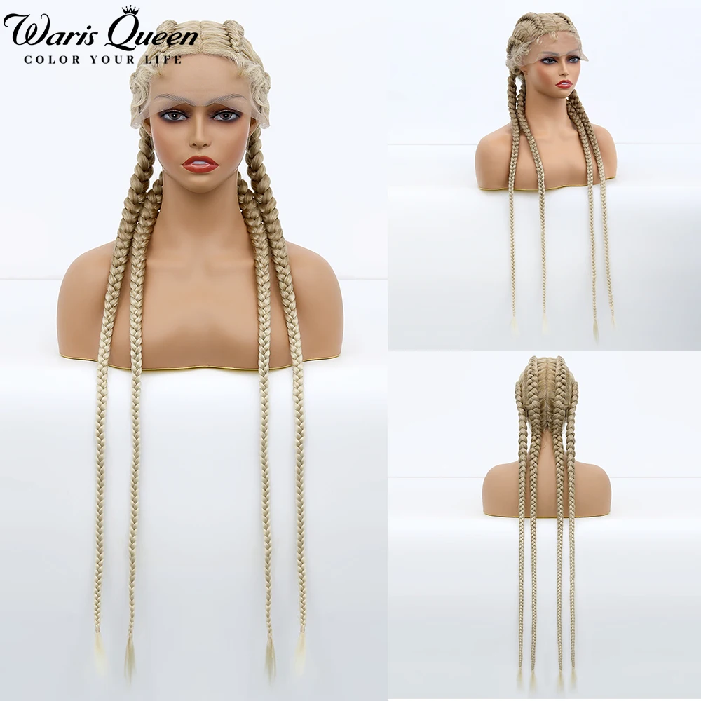 Blonde Braided Lace Front Wig Synthetic Wigs For Black Women 36 Inch 4 Box Braid wig with Baby Hair 360 Lace Frontal perruque