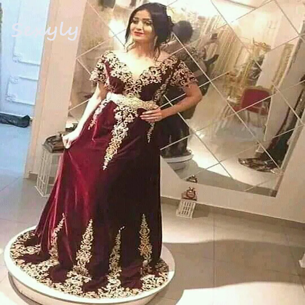 

Elegant Burgundy Caftan Evening Dress With Gold Lace Sexy V Neck Short Sleeve Arabic Indian Prom Dresses Vintage Formal Robe
