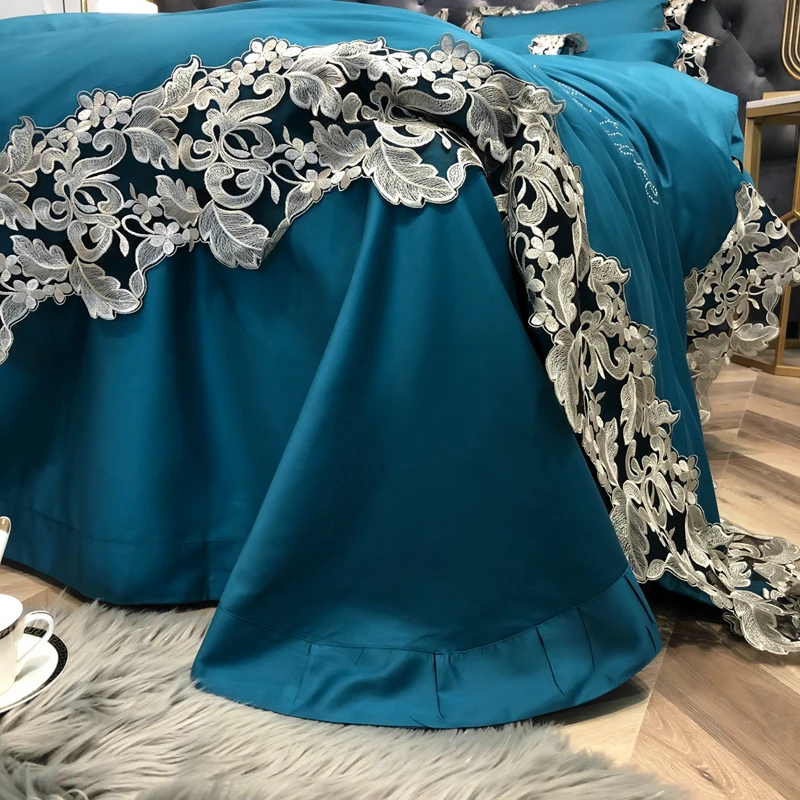

Lace Egyptian Cotton Bedding Set Luxury High-end Queen King size Silky Duvet Cover Bed sheet Soft flat sheet pillowcases
