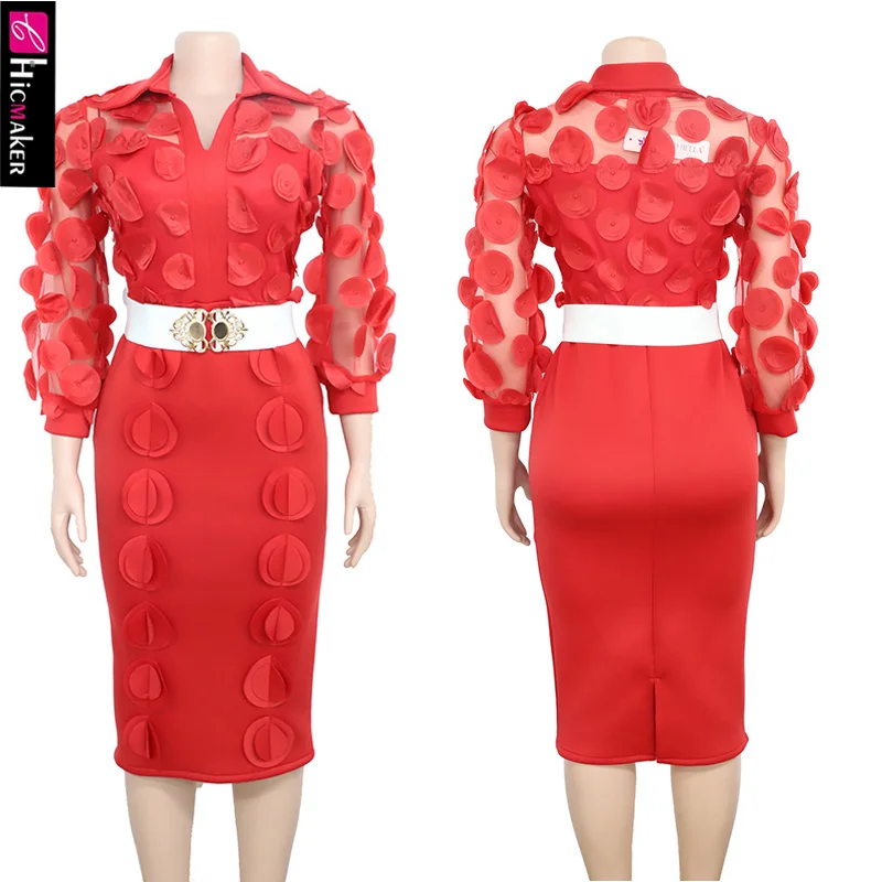 Women Plus Size Turn Down Collar Bodycon Dress See Through Long Sleeve Chic Elegant Office Lady Party Vestido | Женская одежда