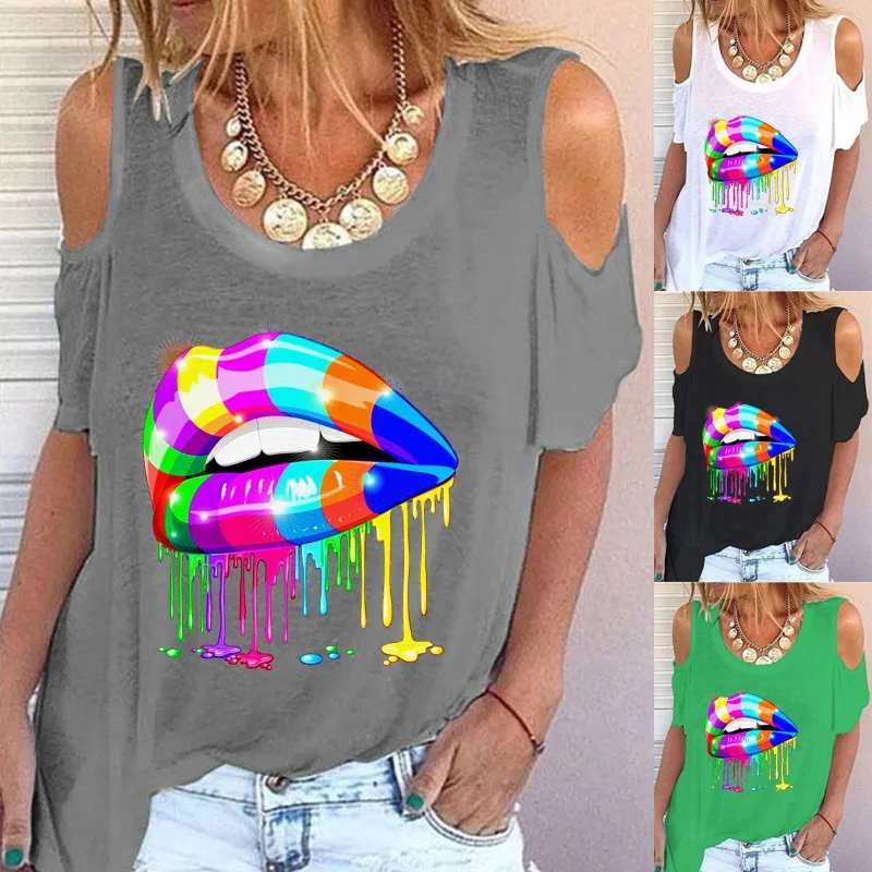 

Plus Size Women's New Fashion Summer Short Sleeve Round Neck Casual Lips Printed Tops Ladies Off Shoulder Beach Wear Blouse