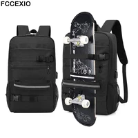fccexio skateboard backpack anti theft password lock usb charging shoulder bag unisex leisure travel computer bag longboard bag