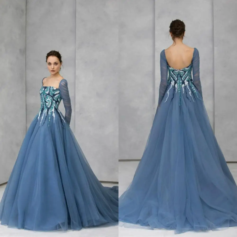 

Женское вечернее платье с квадратным вырезом, ТРАПЕЦИЕВИДНОЕ фатиновое платье с блестками и длинными рукавами, дизайнерское платье для вып...