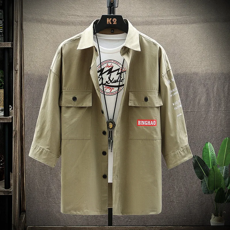 

Tooling shirt men's summer 2021 new personality fashion brand medium sleeve cotton loose casual men's shirt