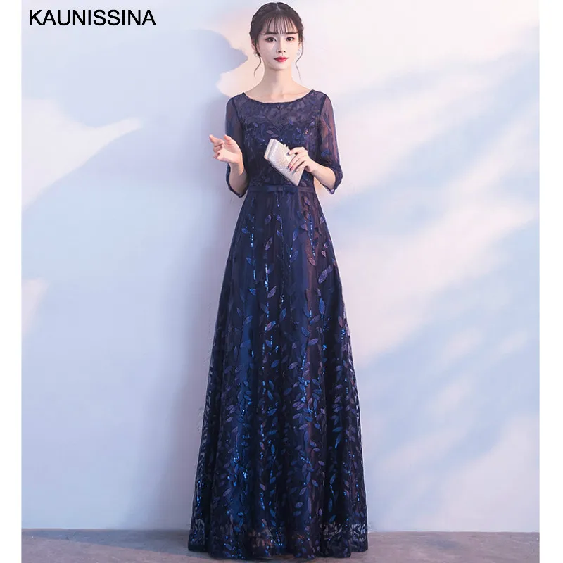 Dark Blue KAUNISSINA вечерние платья с блестками ТРАПЕЦИЕВИДНОЕ ПЛАТЬЕ С Коротким Рукавом и аппликацией длинное вечернее платье Элегантное Длинное Платье для банкета и выпускного вечера - Цвет: Dark Blue