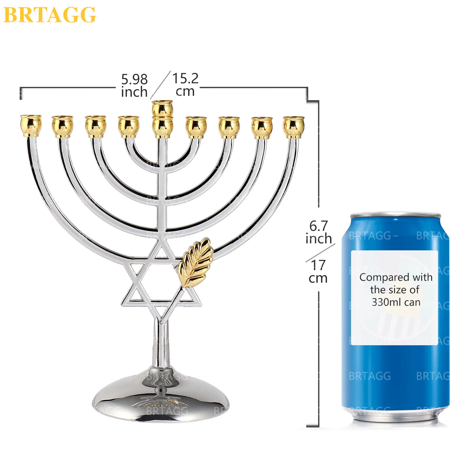 BRTAGG Menorah de Hanukkah, Menor&aacute;, candelabro juda&iacute;smo de 9 ramas, estrella de David, 17 cm, plateado-1