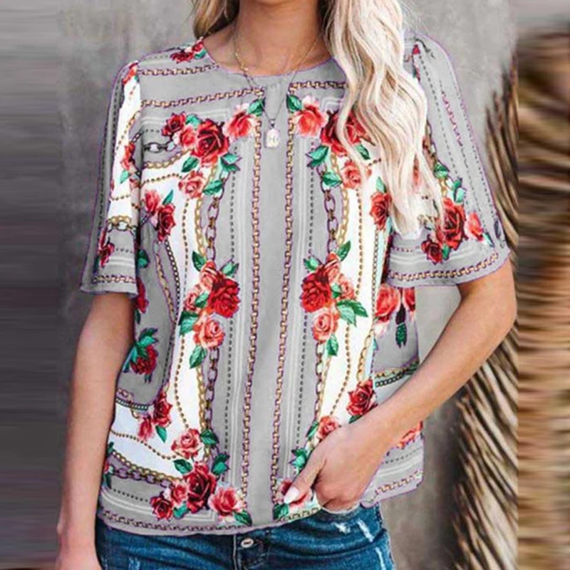 

Women T-Shirts 2021Flower Print Tops Elegant O-Neck Short Sleeve Ladies Shirt Summer Vintage Casual Loose Female t Shirt