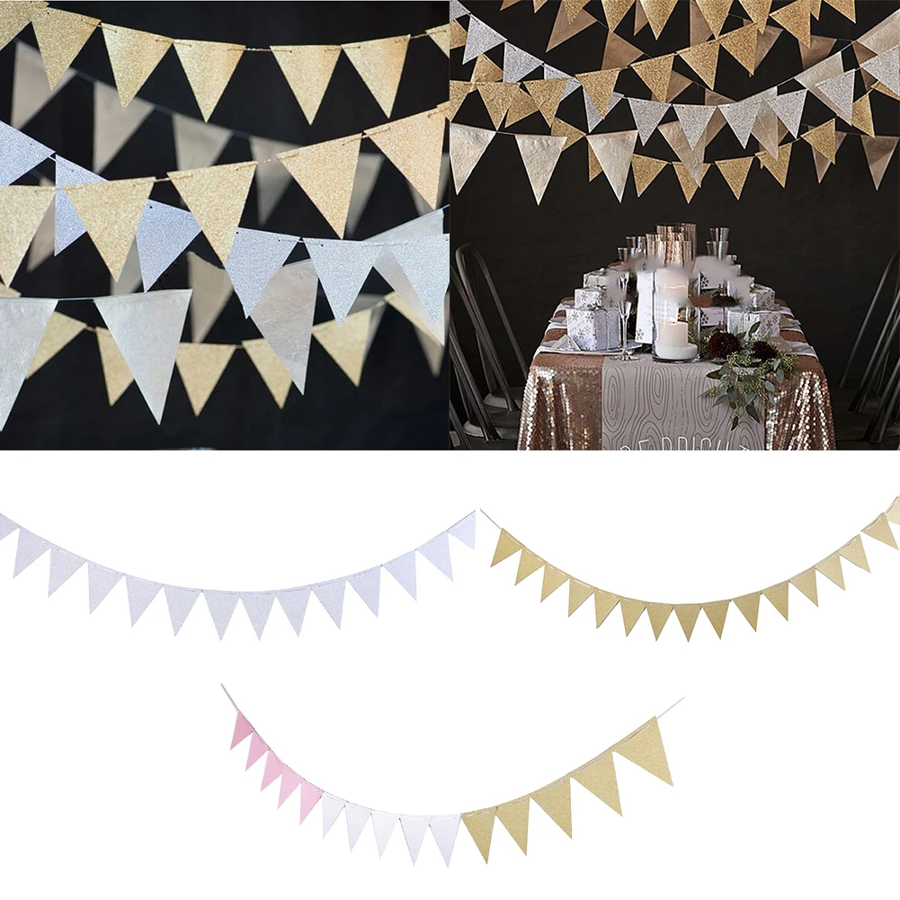 

Decorative Pink White Gold Flag Banner Glitter Paper Pennant Bunting Garland For Festival Celebration Party Wedding Flag Fitting