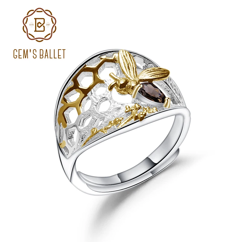 Gem балетки 0.21Ct природный дымчатый кварц Золотое кольцо с пчелиными сотами 925 пробы Серебряное кольцо ручной работы для Для женщин, хорошее ювелирное изделие