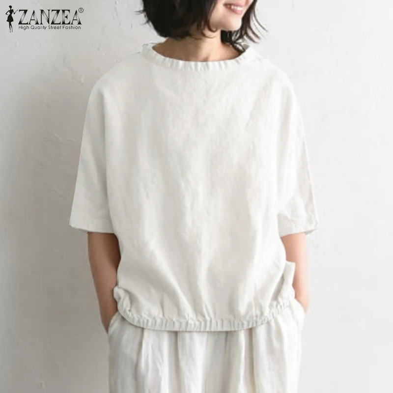 

Модный однотонный белый базовый топ ZANZEA 2021 туника с круглым вырезом и кулиской Повседневная Блузка с коротким рукавом женская летняя хлопк...