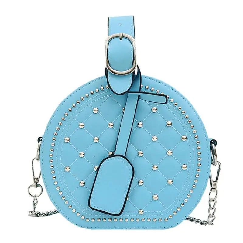 Blue Модная круглая женская кожаная сумка, роскошные стеганые маленькие сумки на плечо, кожаная круглая сумка с заклепками и цепочкой, брендовая сумочка - Цвет: Blue