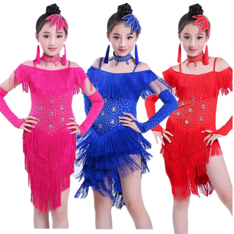 

2021 New Children Latin Dance Dress Performance Clothes Girls Sequins Tassel Competition Costumes Dancing Dress