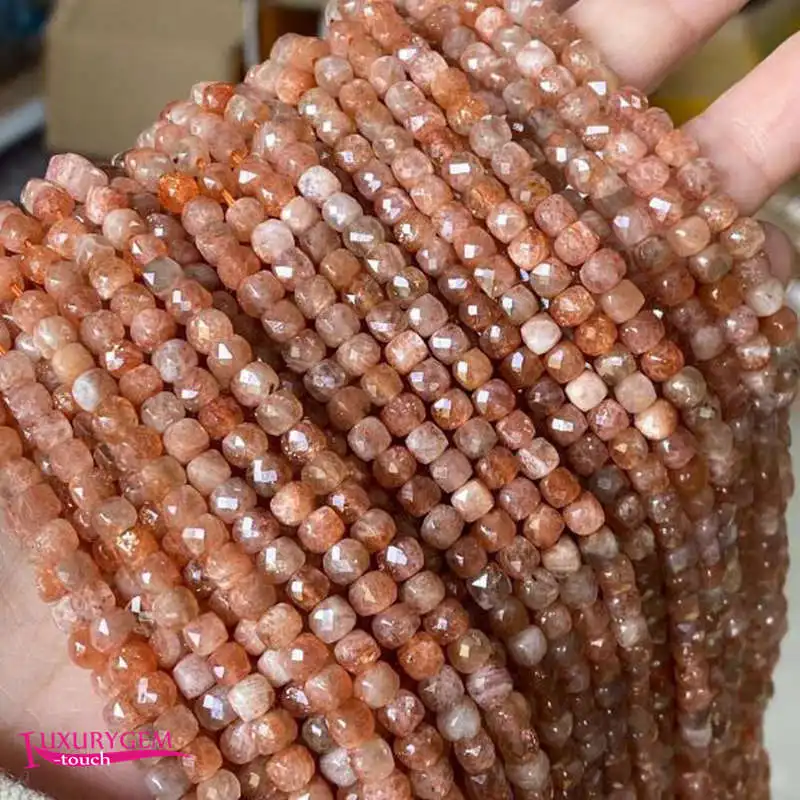

Natural Sun Stone Loose Beads 4mm Faceted Square Shape DIY Jewelry Accessories 38cm a3508