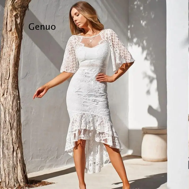 

Fashion Flare Sleeve Dress Lace Embroidery Hollow Sexy Dress Summer Lady Backless Slim Pack Hip Fishtail Dress Banquet Vestidos