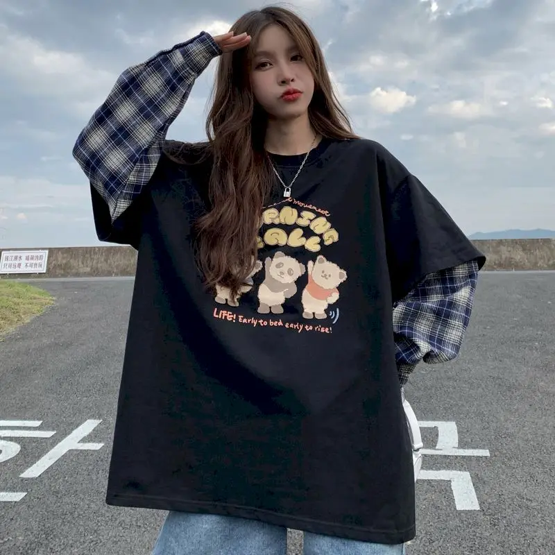 

Oversized Long-sleeved T-shirts Fake 2 Pieces Blue Stitching Plaid Sleeves Spring Autumn Loose Hong Kong Style Women Clothing