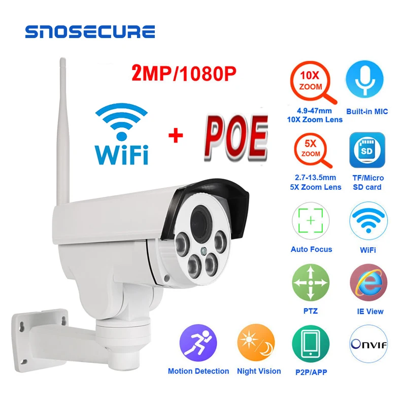SNOSECURE 1080P Starlight PTZ WIFI беспроводная уличная цилиндрическая 5 & 10X зум Камера 2 0