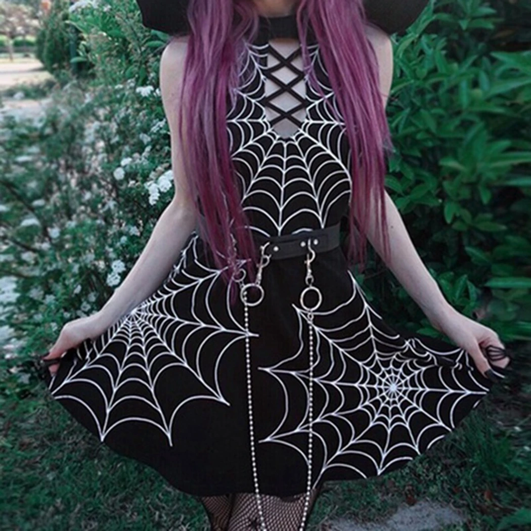 Готический панк паук веб Графический Печатный платья женские сексуальные модные