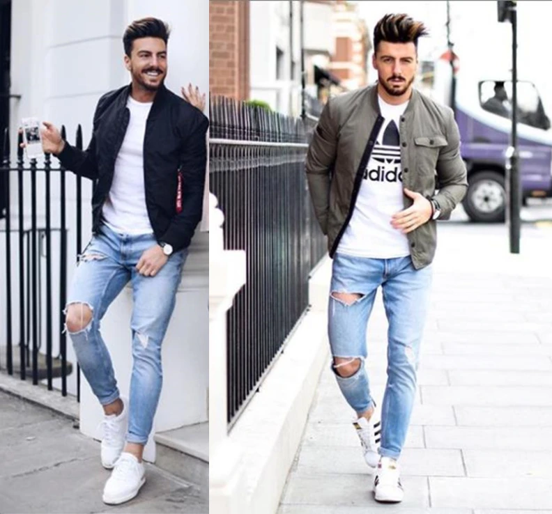 

Джинсы-карандаш мужские рваные с эффектом потертости, узкие синие брюки-карандаш из денима, потертые брюки, уличная одежда, большие размеры