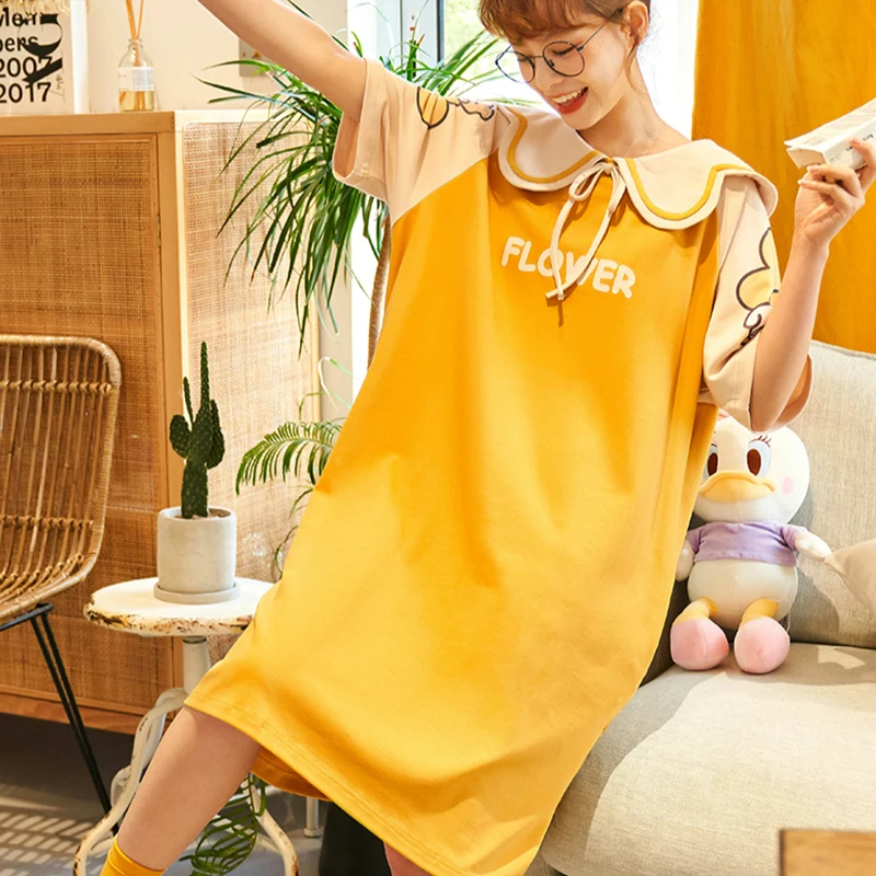 

Tonngirls Summer Sweet Cartoon Nightgown Women Cotton Loose Night Dress Women Sleepwear Pijama Cute Letter Lingerie Plus Size