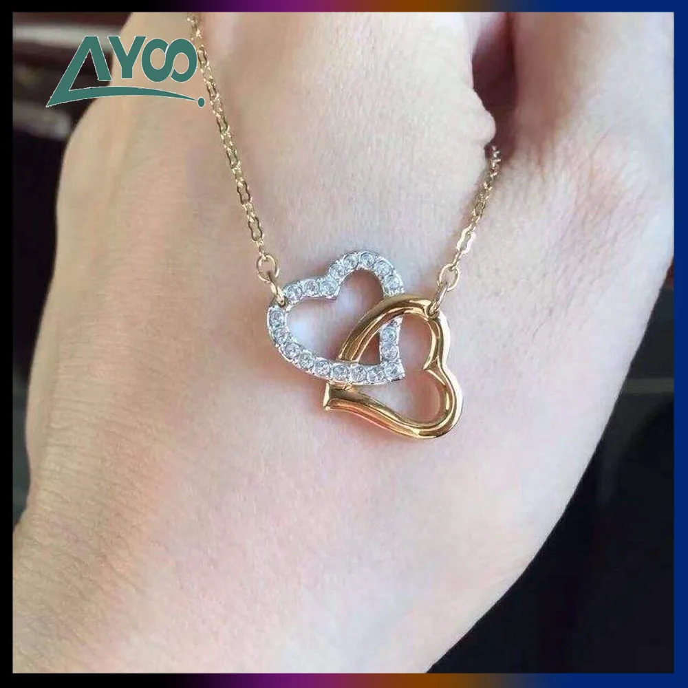 

SWA Fashion Jewelry Charm Romantic Golden Double Love Necklace Elegant Diamond Heart-shaped Clavicle Chain Name Necklace Female