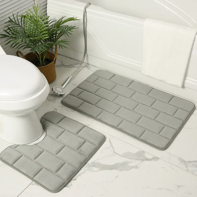 Coral Fleece Bath Mat Non-Slip Grey Toilet Mats Set Water Absorbent Bathroom Rugs Brick 3D Door Entrance Floor Carpet 50x80cm