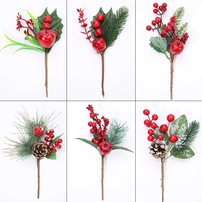 

Christmas Decor Artificial Flower Stamens Pearl Branches Mixed Berry For Wedding Decoration DIY Pine Cone With Holly Fake Flower