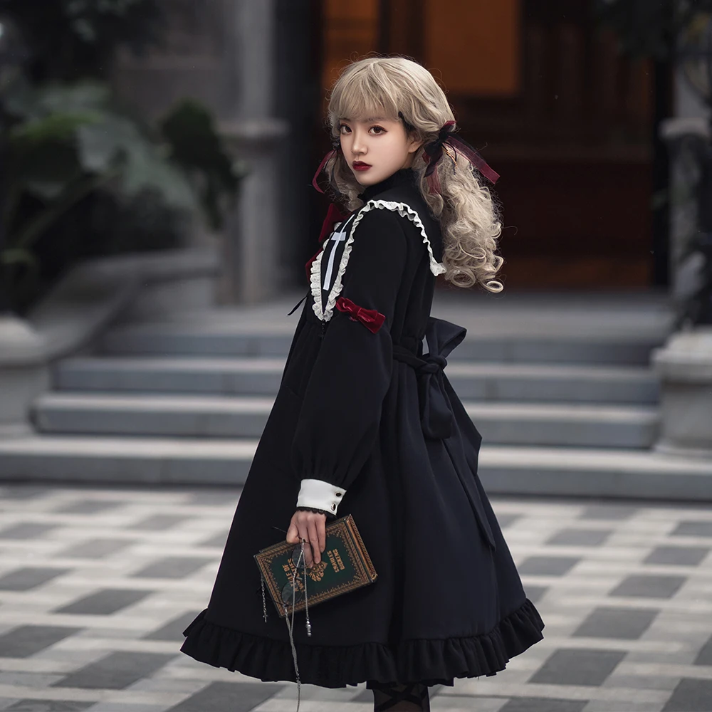 Melonshow Gothic Winter Coat Women Thicken Woolen Overcoat Female Woollen Long Coat Warm Ladies Lolita Dress Goth Outwear