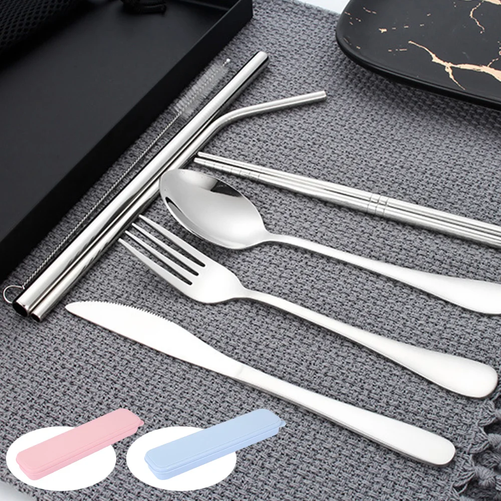 7 шт. Портативный Путешествия Посуда Набор Нержавеющая сталь набор столовых