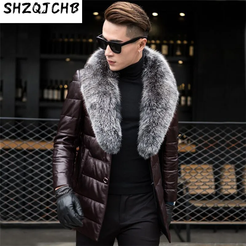 

JCHB 2021 Men's Genuine Leather Down Jacket Male Winter Coat Men Fox Fur Collar Sheepskin Leather Jackets Jaqueta De Couro KJ65